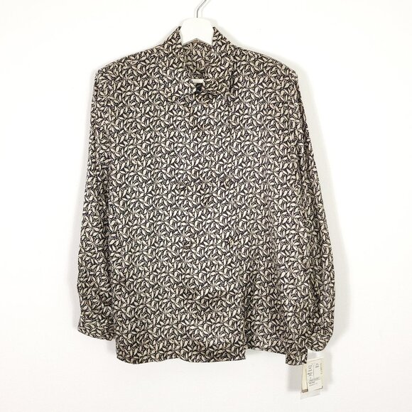 Vintage Black & Tan Double Breasted Botanical Print Silk Blouse - Picture 1 of 8